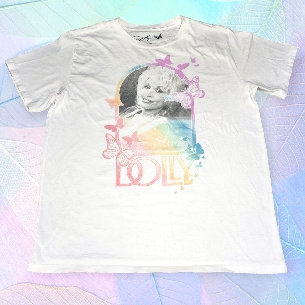 Dolly Parton Graphic T-Shirt Womens XXL Butterfly Rainbow Portrait White Tee 2XL